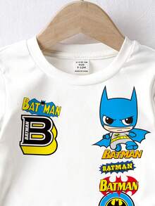 BATMAN X SHEIN Kleine Jungen Lässig Kurzarm T-Shirt geeignet für den Sommer, klassischer cooler DC Superheld - Cartoon Charakterdruck, klassischer Logodruck, stilvoller Textdruck - Weiss - Übersicht 4