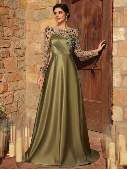 Serin Elegant Luxurious Pearl Beaded Floral Sequin Embroidered Puff Sleeve Satin Ruched A-Line Dress, Suitable For Wedding, Party, Holiday, Prom, Mother Of The Bride Evening Gown