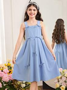 SHEIN Tween Girl Elegant Sleeveless Wide Strap Bow Decor Dress Tween Girl - Baby Blue - View 3