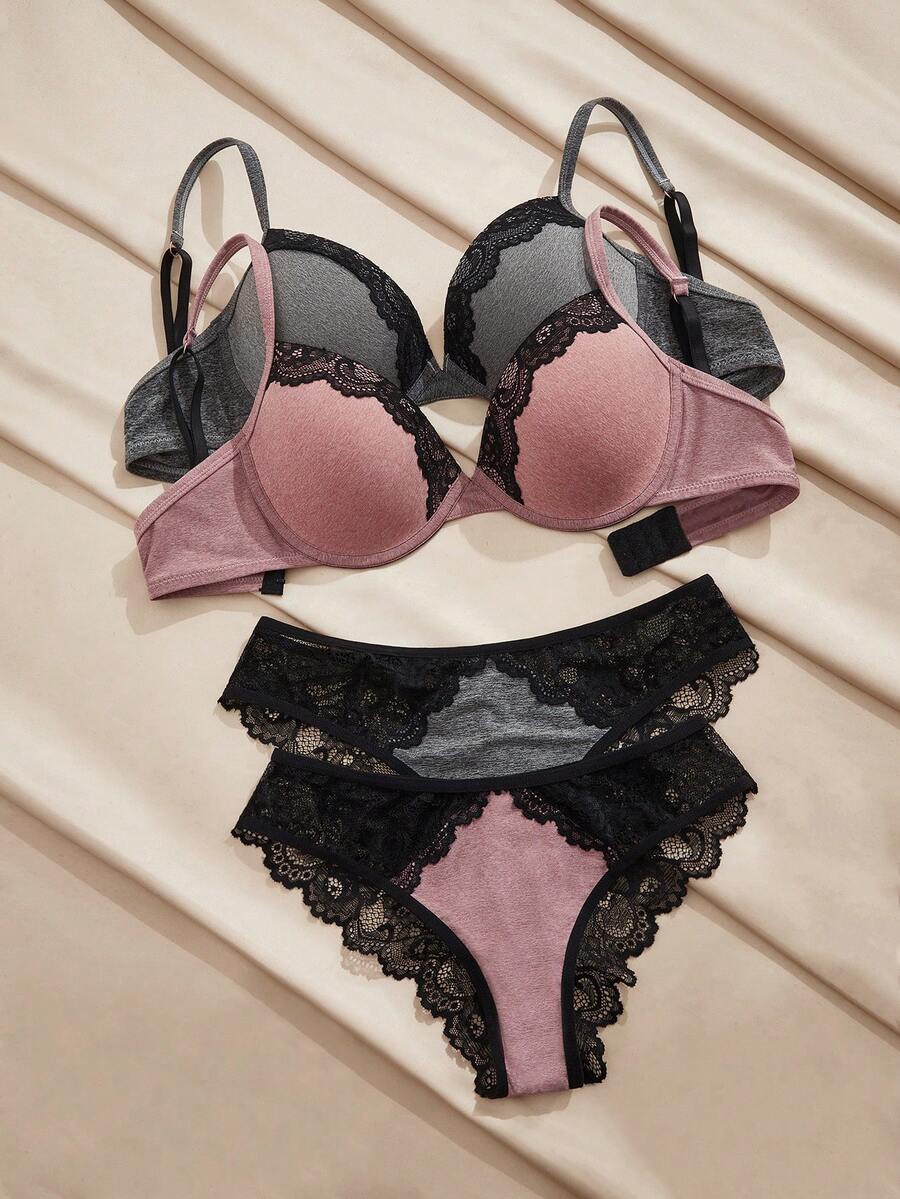 Charlaine 女士纯色极简蕾丝边内衣套装 - 彩色 - 查看 1