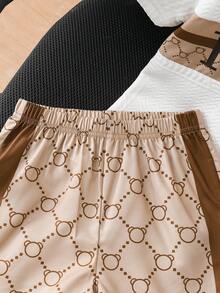SHEIN 2件套男童小熊印花拼接短袖T恤和短裤套装，适合休闲、度假、运动、夏季穿着 - 卡其色 - 查看 6