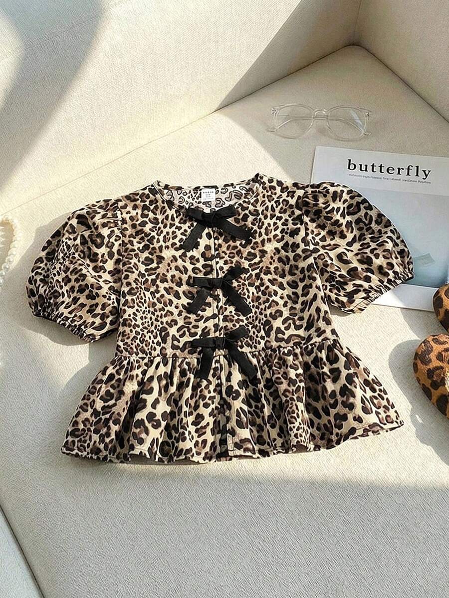 SHEIN Tween Girl Spring/Summer Fashionable Leopard Print Colorblock Bow Trim Ruffle Long Sleeve Casual Blouse, Holiday Wear - Brown - View 1