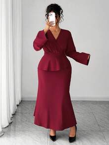 Elenzga Große Größen Damen Burgunderrotes Maxikleid, elegantes Wickelkragen Taille schmeichelndes Kleid für Party, Date, Abschluss, Urlaub, Valentinstag, Musikfestival, Muttertag, Halloween, Thanksgiving, Ostern, Nationalfeiertag, Abschlussball, Datenight, Hochzeitssaison, Outdoor-Ausflug - Bordeaux - Übersicht 5