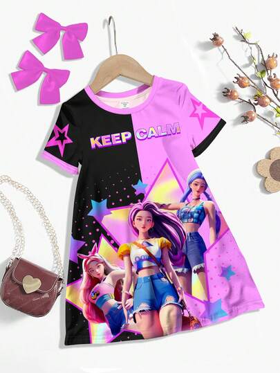 Back To School, Cartoon Girl, Colorful Purple & Black Contrast Color, K-Pop Superstars , Chill Chill, Spring Vibes, Young Girl Casual Minimalist Short Sleeve Mid-Length Dress, Suitable For Summer