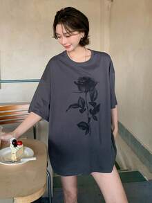 DAZY 女士印花宽松圆领落肩T恤 - 灰色 - 查看 7