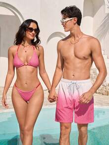 Manfinity VDAYZ 1件装男士夏季度假渐变格纹印花抽绳腰宽松沙滩短裤 - 紅色 - 查看 4