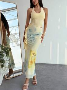 Aloruh Trang phục nghỉ hè cho nữ: Áo crop top cổ xếp ly in họa tiết hoa nhiệt đới và chân váy đuôi cá xếp tầng gợi cảm. Đồ đi biển mùa hè, trang phục nghỉ mát biển cho nữ, trang phục nghỉ mát nhiệt đới phong cách Bohemian cho nữ, đồ đi biển lưới hoa cho nữ, bộ đồ in hoa màu vàng, trang phục nghỉ mát nhiệt đới cho nữ, bộ đồ mùa hè. - Vàng nhạt - Xem 5