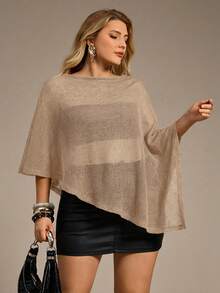 Auralis 新款时尚百搭棕色针织提花镂空连体露背披肩领多穿度假风轻薄罩衫，适合春、秋、夏季穿着 - 卡其色 - 查看 8