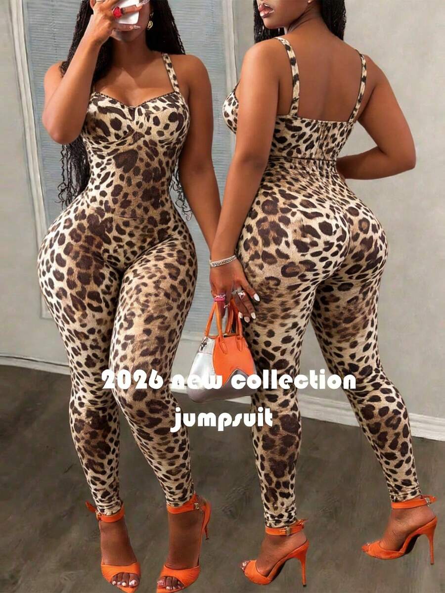 Slaydiva 2026春夏新款性感街头风修身豹纹甜心领吊带连体裤。适合约会、情人节、婚礼季、派对、夜店、度假、海滩、波西米亚风、沙滩、返校季、日常出行、下午茶、早午餐、机场穿搭等场合。 - 彩色 - 查看 1