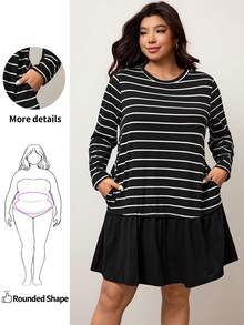 Enliva Plus Size Casual Everyday Striped Round Neck Ruffle Hem Dress, Autumn Dresses For Women, For Apple & Rounded Body Shape - Black and White - View 1