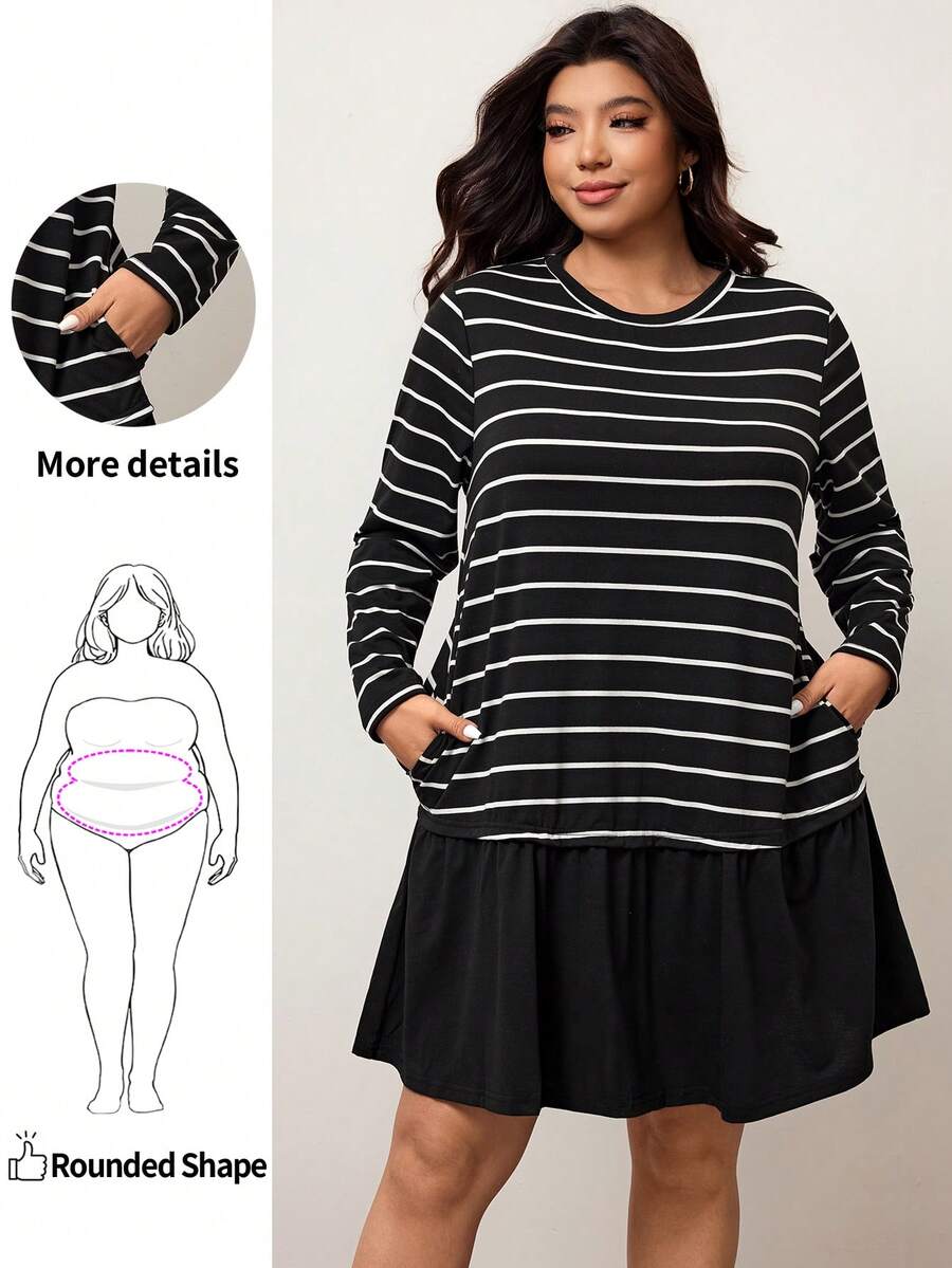 Enliva Plus Size Casual Everyday Striped Round Neck Ruffle Hem Dress, Autumn Dresses For Women, For Apple & Rounded Body Shape - Black and White - View 1