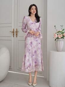 DAZY Women's Elegant Floral V-Neck Puff Sleeve Blouse And Fish Tail Hem Skirt 2-Piece Set, Spring/Summer,Wedding Guest Dress Women - Purple - View 5