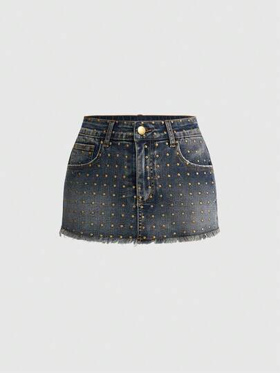 ROMWE J-Fashion Vintage Distressed Rivet Denim Mini Skirt For Women