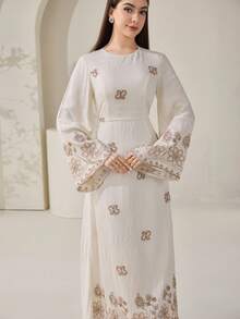 Veilorie 女士花卉刺绣圆领喇叭袖优雅阿拉伯风格连衣裙 - 杏色 - 查看 7