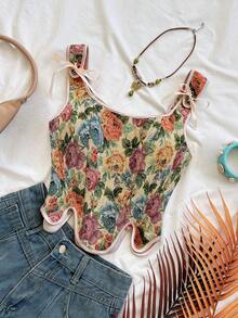 Soleia 复古宫廷风彩色花卉提花吊带背心，后背纽扣系带设计，适合女性穿着，可用于派对、约会、情人节、复活节、狂欢节、下午茶、海滩、邮轮、城市度假等场合。 - 彩色 - 查看 4