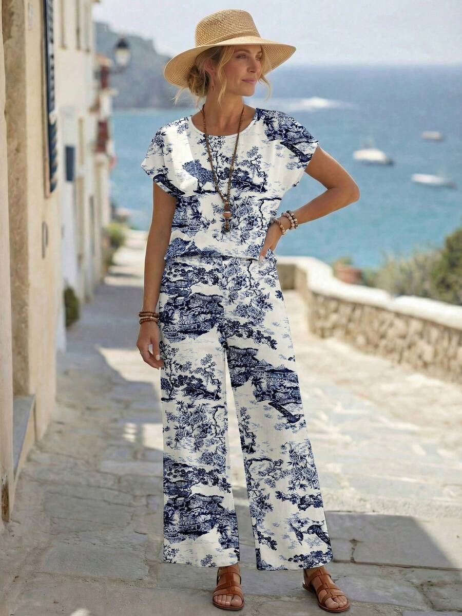 EMERY ROSE 两件套女士休闲宽松圆领上衣和裤子，百搭套装，适合春秋季女士度假穿着，夏季裤装套装，女士度假套装，女士度假连体裤，女士优雅连衣裙，女士休闲度假套装