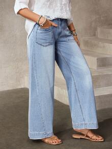 EMERY ROSE 女士口袋纽扣休闲百搭日常穿着阔腿牛仔裤 - 藍色 - 查看 8