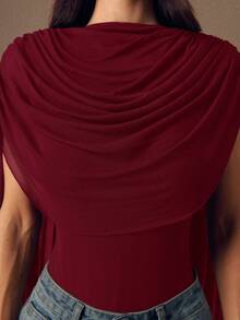 SHEIN BAE 酒红色圆领缎带修身连体衣，适合毕业派对、正式场合、鸡尾酒会、浪漫约会、秋冬季内搭、派对、夜店、正式聚会、夜间外出、万圣节、圣诞节等场合。 - 酒紅色 - 查看 4