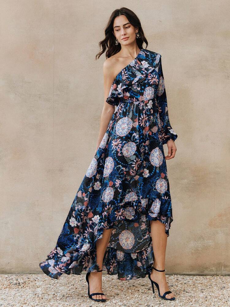 Women's Casual Vacation Dress, Women's One Shoulder Floral Print Dress, Asymmetric Hem Woven Dress One Sleeve Dress Resort Wear Floral Print Maxi Dress One Shoulder Dresses