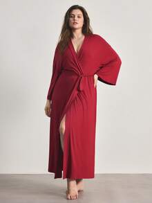Ocili Bata larga de manga larga cómoda y suave de talla grande y estilo minimalista - Burdeos - Ver 5