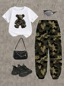 2pcs/Set Young Girl Casual Cute Girl Graphic Short Sleeve Round Neck T-Shirt And Cargo Pants, Girls Outfit, Spring/Summer/Autumn, 6 Sets Randomly Sent - Multicolor - View 6