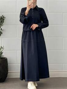 DAZY 2pcs Women Casual Collared Contrast Trim Top And Skirt Set - Navy Blue - View 6