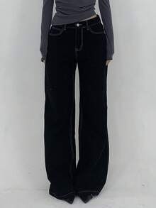 DAZY Women's Casual Contrast Stitch Wide Leg Jeans, - Black - View 4