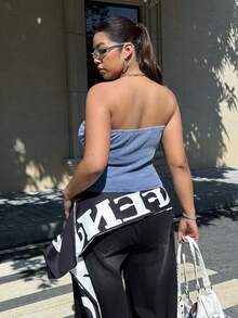 Solflare Áo ống in họa tiết không dây cỡ lớn dành cho nữ, Xuân/Hè - Màu xanh lam - Xem 2