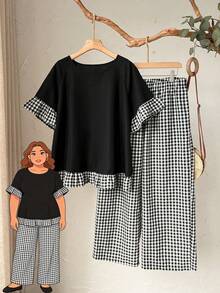 Rusticease 大码休闲格子拼接荷叶边衬衫和裤子两件套 - 彩色 - 查看 8