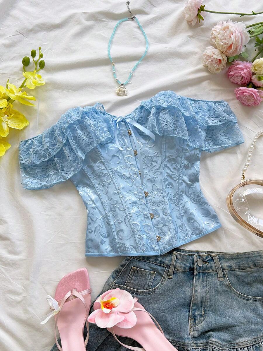 Soleia 春夏新款休闲度假西部海滩婚礼宾客礼服毕业早午餐女装，圣帕特里克节春假复活节音乐节优雅波西米亚热带浪漫露背蝴蝶结纹理蕾丝边衬衫 - 淺藍色 - 查看 1