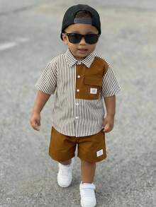 Bubblio 2 件套男婴夏季休闲韩版可爱条纹拼布短袖衬衫和松紧腰短裤套装，适合夏天 - 彩色 - 查看 12