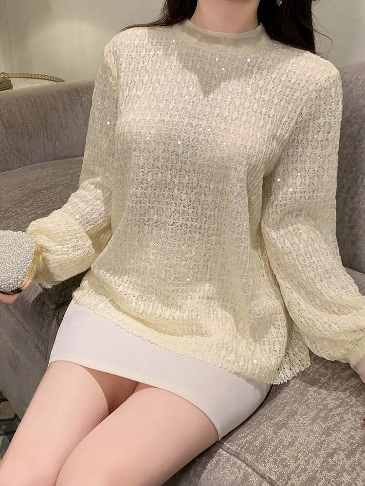 Women's Casual Solid Color Patchwork Sequin Decor Stand Collar Lantern Sleeve Semi-Sheer Blouse, Spring/Summer/Autumn