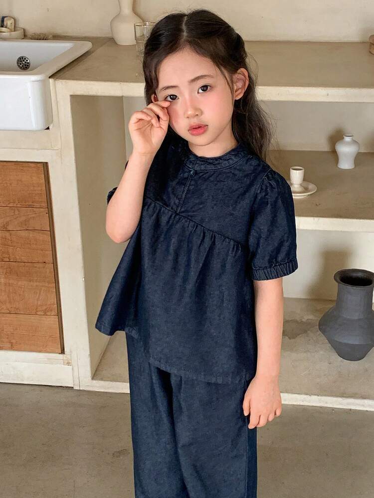 Young Girls Washed Vintage Casual Denim Shirt & Loose Denim Pants Set