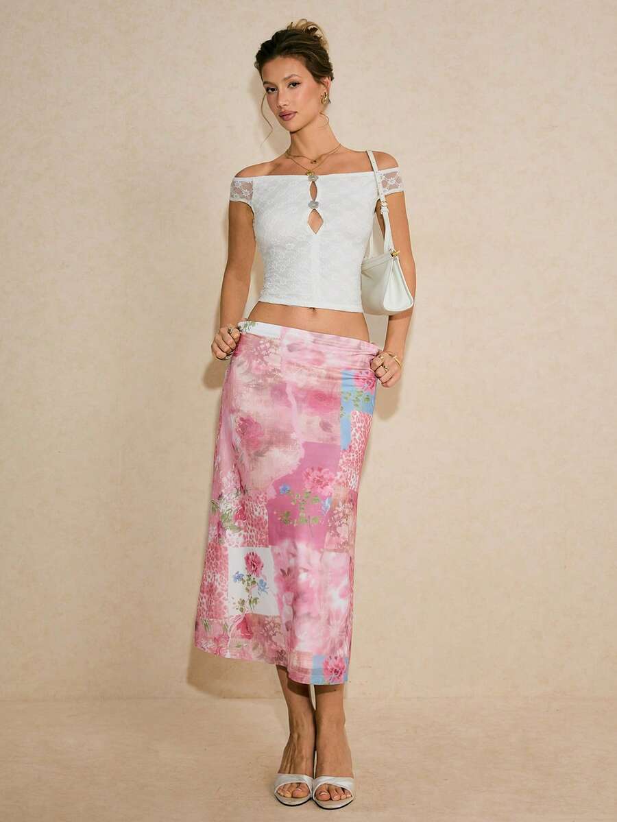 Poéselle 女士花卉豹纹印花松紧腰休闲半身裙 - 彩色 - 查看 1