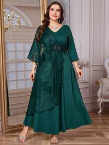 Reflora 大码女式V领拼接贴花网纱优雅连衣裙 - 綠色 - 查看 8