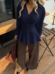 Siren Gaze 女士秋冬新款收腰A字长袖衬衫 - 藏蓝色 - 查看 1