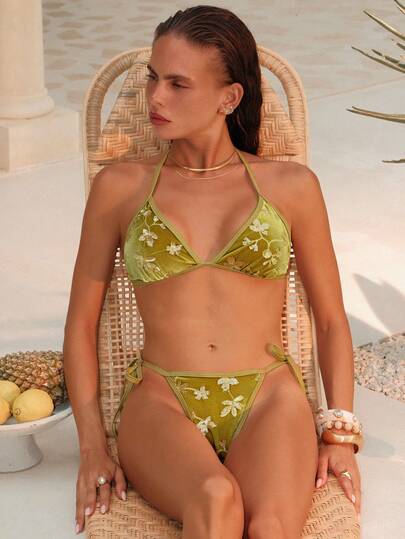 Swim Chiccia Summer Vacation Sexy Beaded Halter Backless Tie Bikini Set