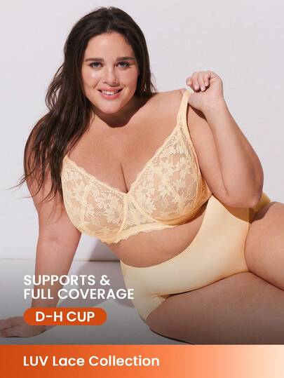 LUVLETTE Plus Woman Lingerie Lounge Curve Full Coverage Pushup&Breathable Underwire Sexy Unlined Nude Lace Elegance & Mesh Minimizer Bra Bridal Intimates