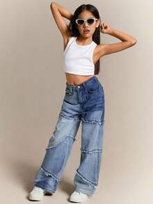 Radiana Tween Girls Y2k Fashionable Washed Distressed Light & Dark Blue Splice Raw Edges Loose Fit Denim Baggy Pants,For Girls Spring/Summer Streetwear Outfits - Medium Wash - View 4