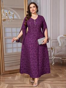 Reflora Đầm dài tay xẻ tà cổ chữ V họa tiết hoa jacquard dành cho nữ cỡ lớn, thanh lịch. - Màu tím - Xem 3