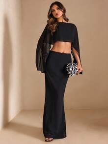 SHEIN BAE 女士黑色长袖披肩领露脐上衣和中腰半裙两件套，春夏款 - 黑色 - 查看 3