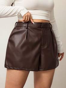 Enliva Plus Size Solid Color PU Leather Casual Versatile Pockets Shorts, For Apple & Rounded Body Shape, For Body Shape, For Summer - Rust Brown - View 5