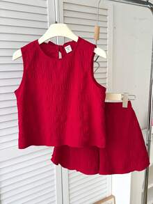 2pcs Tween Girls' Casual Vacation Round Neck Textured Red Butterfly Back Bow Cami Top And Shorts Set - Red - View 2