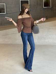 DAZY Off-Shoulder Round Wooden Bead Tie-Neck Batwing Sleeve Ruched Waist Casual Women T-Shirt Summer - Brown - View 3