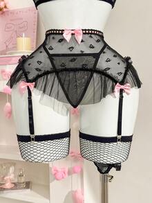 PetitDoll Valentine's Day Women's Sexy Lace Heart Mesh Ruffle Waist Lingerie Set With Stockings, 5pcs - Black - View 8