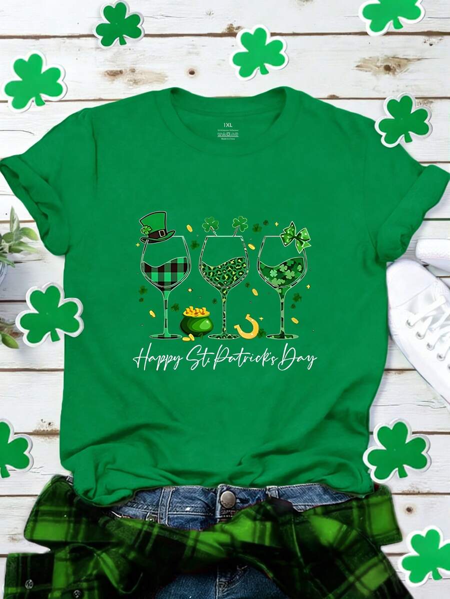 EMERY ROSE Plus Size Women's Summer Tops St. Patrick's Day And Clover Printed Graphic Short Sleeve Casual Crew Neck T-Shirt - Green - View 1