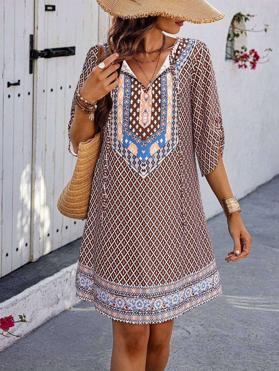SHEIN LUNE Random Geometric Print Women's Loose Casual 3/4 Sleeve Dress - Multicolor - View 1