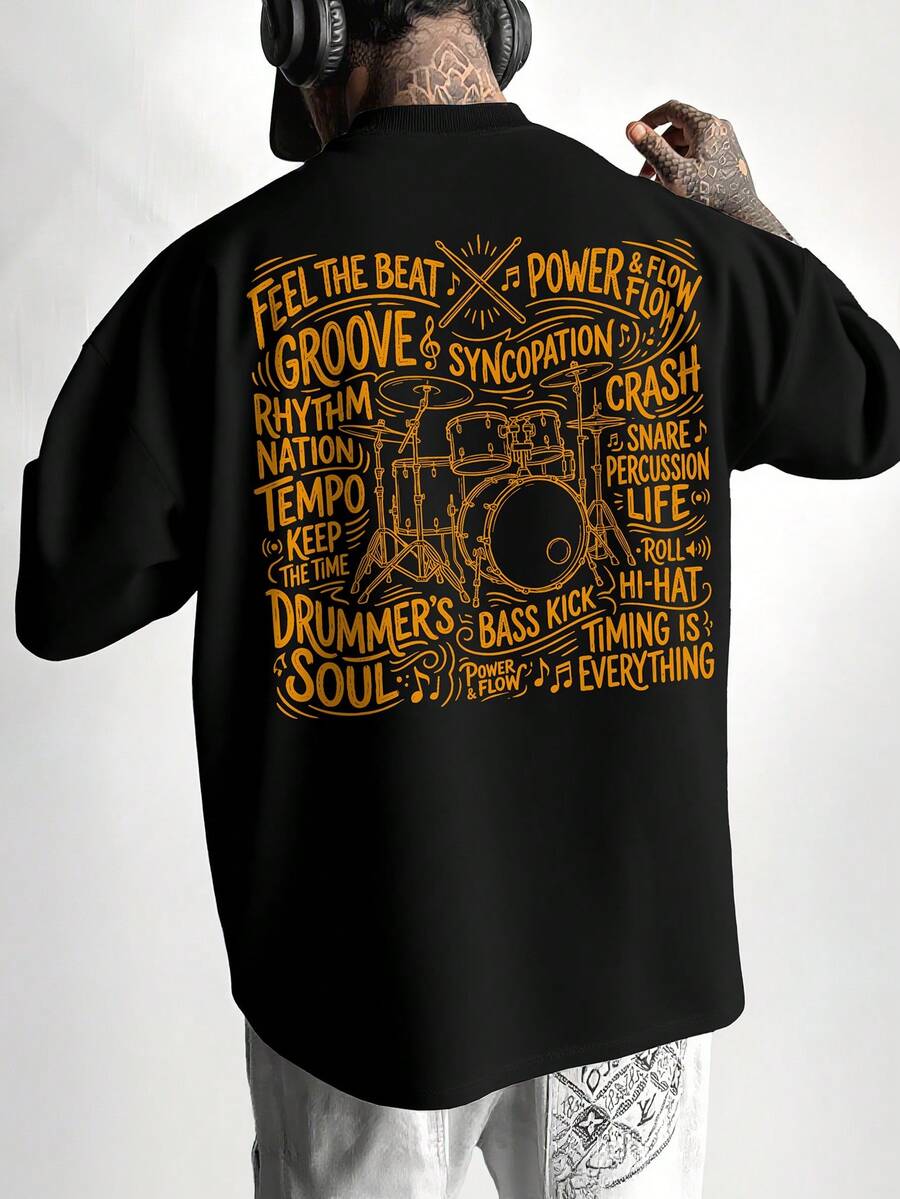 Manfinity LEGND Men's Slogan Print Loose Fit Round Neck Drop Shoulder T-Shirt - Black - View 1