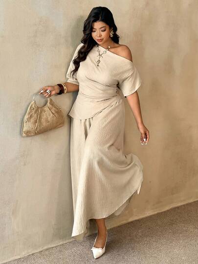 Auralis Plus Size Elegant Commuter Solid Color Asymmetric Collar Top And Skirt 2 Pieces Set