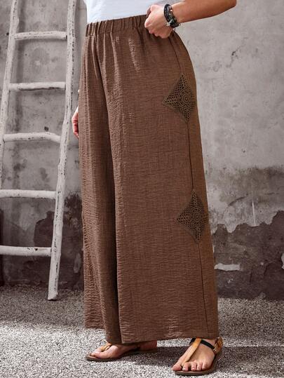 EMERY ROSE Plus Size Women Elastic Waist Pleated Casual Loose Wide Leg Pants, Versatile For Daily Wear